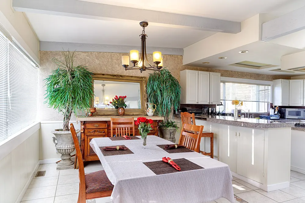 The dining room laid for a meal