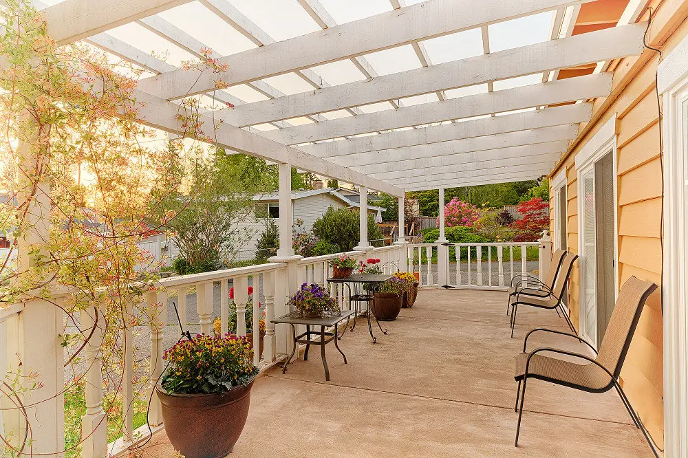 A covered patio with garden seating
